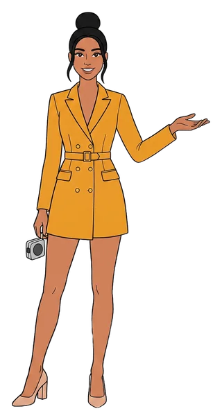 Anika Sethi, the site's drawn host, points at the drawing of the five casinos beside her, a tape measure in her other hand.