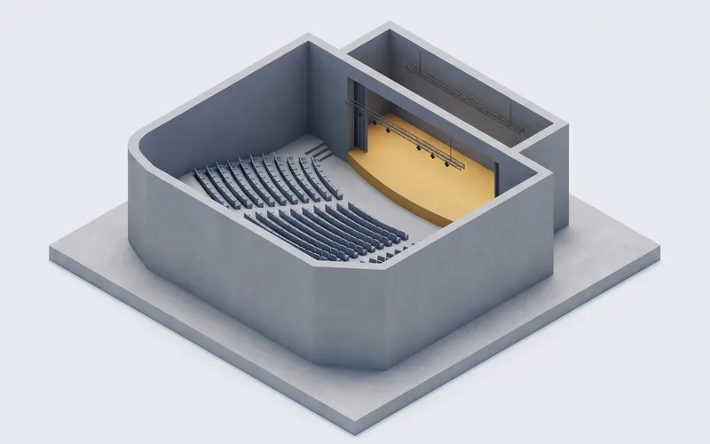 Isometric model of an open auditorium with curved rows of seats facing a lit stage, on a concrete plinth